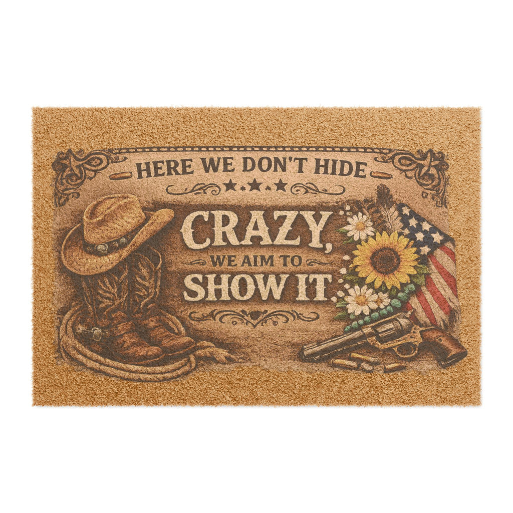 Here We Don't Hide Crazy We Aim To Show It Doormat | Cowboy Boots, Sunflower, American Flag