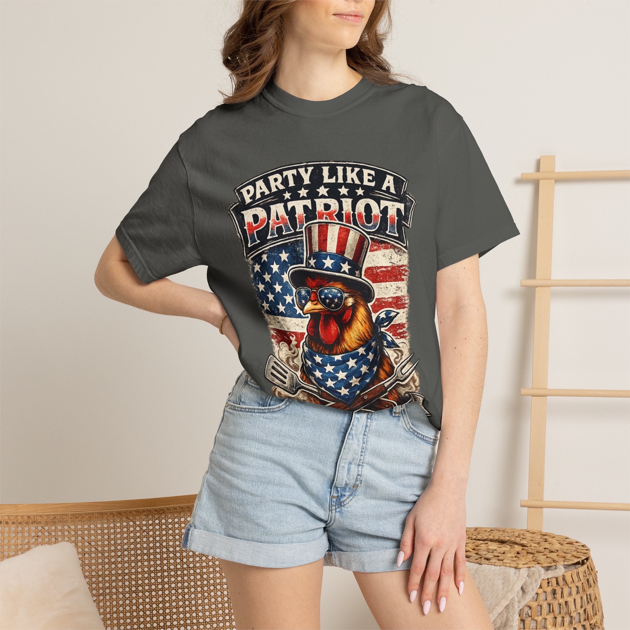 Party Like a Patriot rooster Born to Grill T-Shirt | American BBQ flag