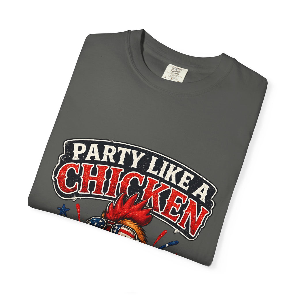 Party Like a Chicken T-shirt | Rooster Drinking Beer, American Flag Bandana, Patriotic Humor