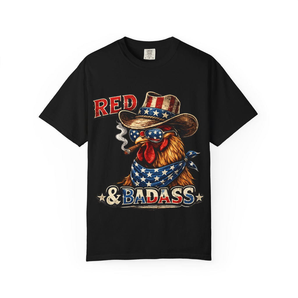 Red & Badass Rooster T-Shirt | Patriotic Cowboy Chicken Graphic