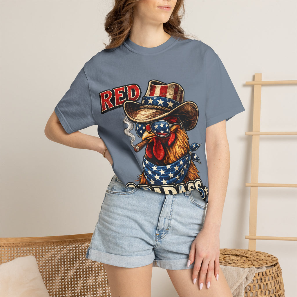 Red & Badass Rooster T-Shirt | Patriotic Cowboy Chicken Graphic