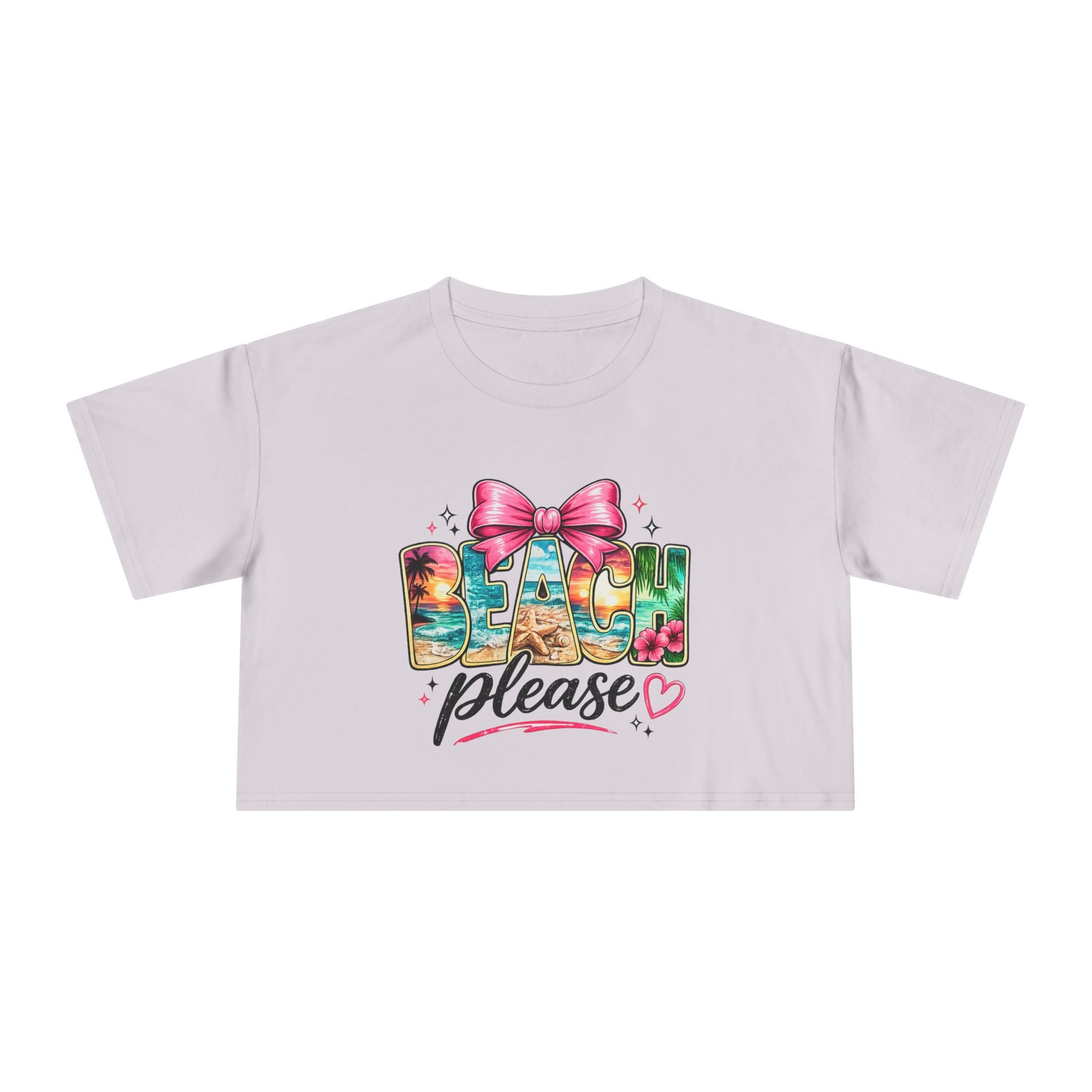Beach Please graphic Crop Tee | tropical letters, pink bow