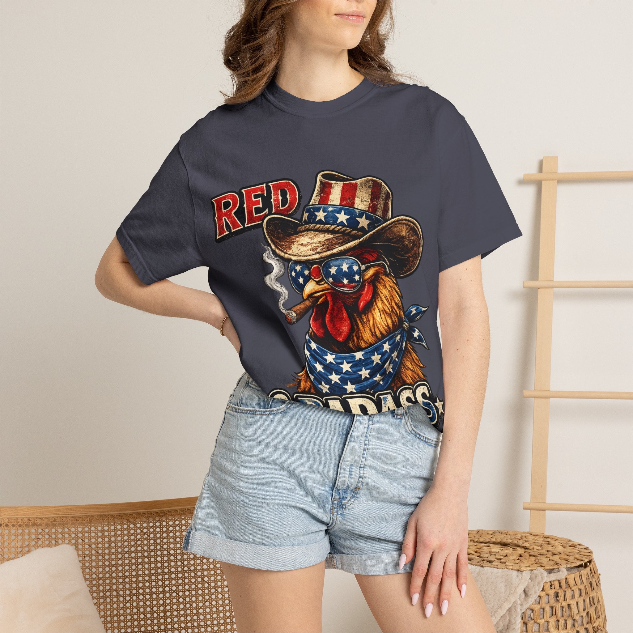 Red & Badass Rooster T-Shirt | Patriotic Cowboy Chicken Graphic