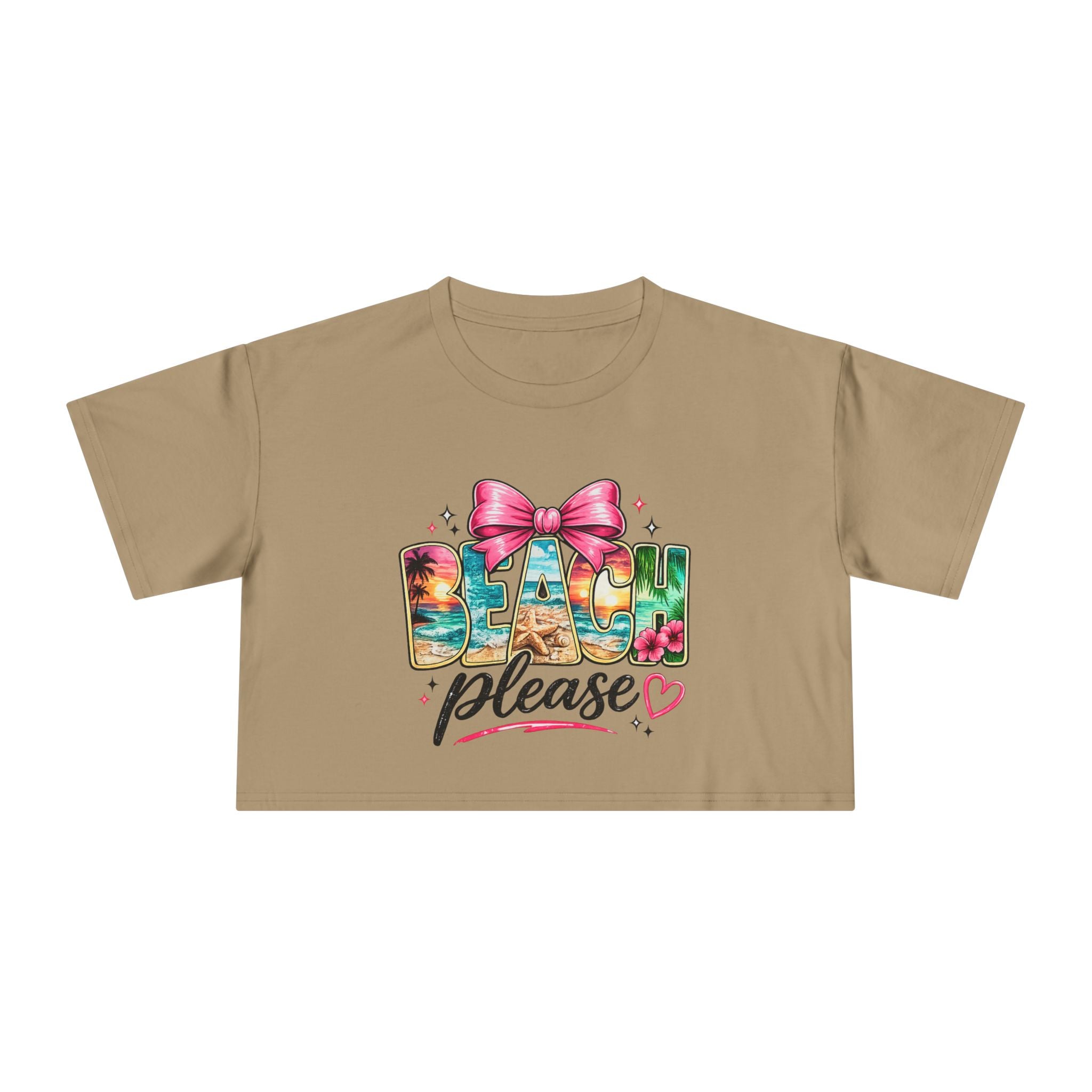 Beach Please graphic Crop Tee | tropical letters, pink bow