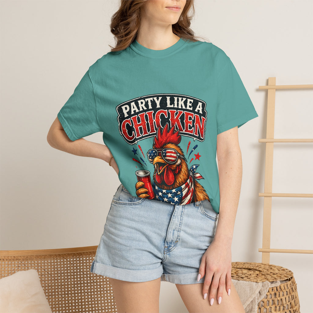 Party Like a Chicken T-shirt | Rooster Drinking Beer, American Flag Bandana, Patriotic Humor