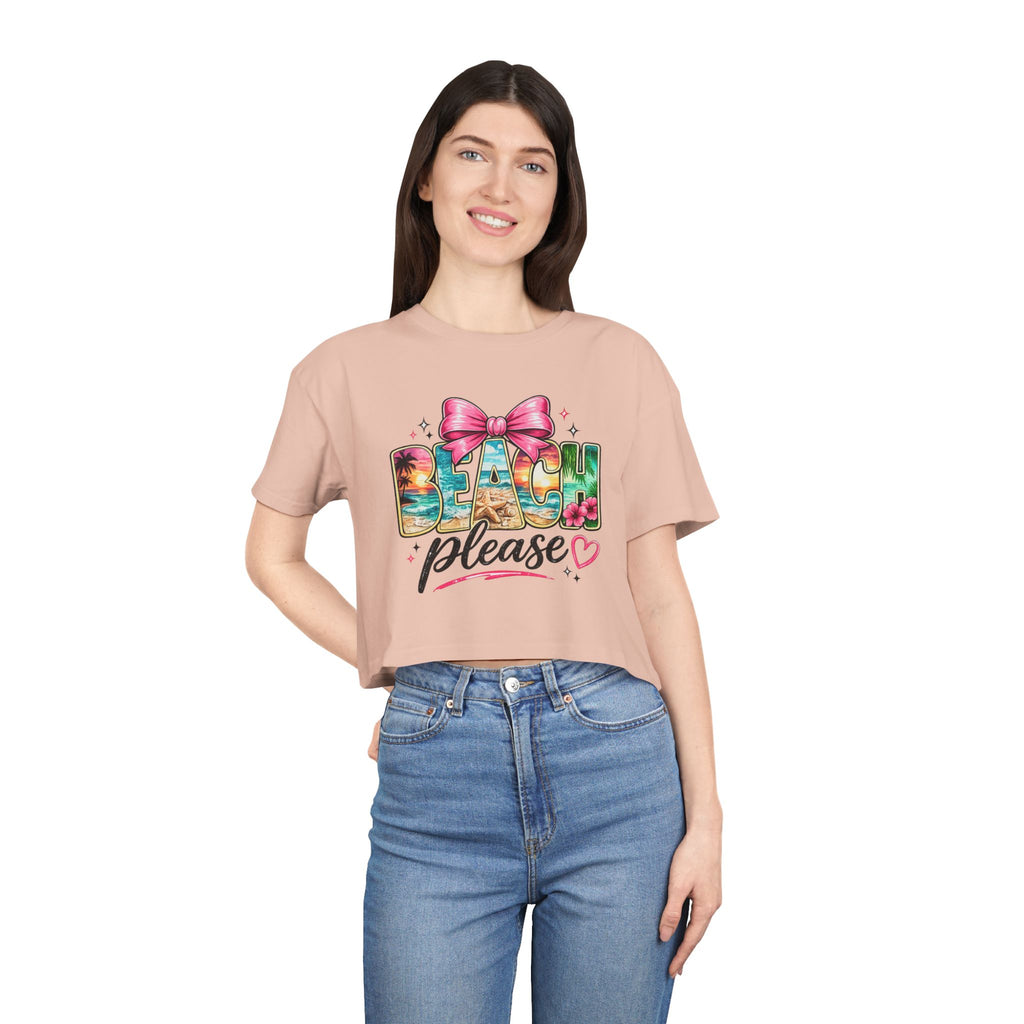 Beach Please graphic Crop Tee | tropical letters, pink bow