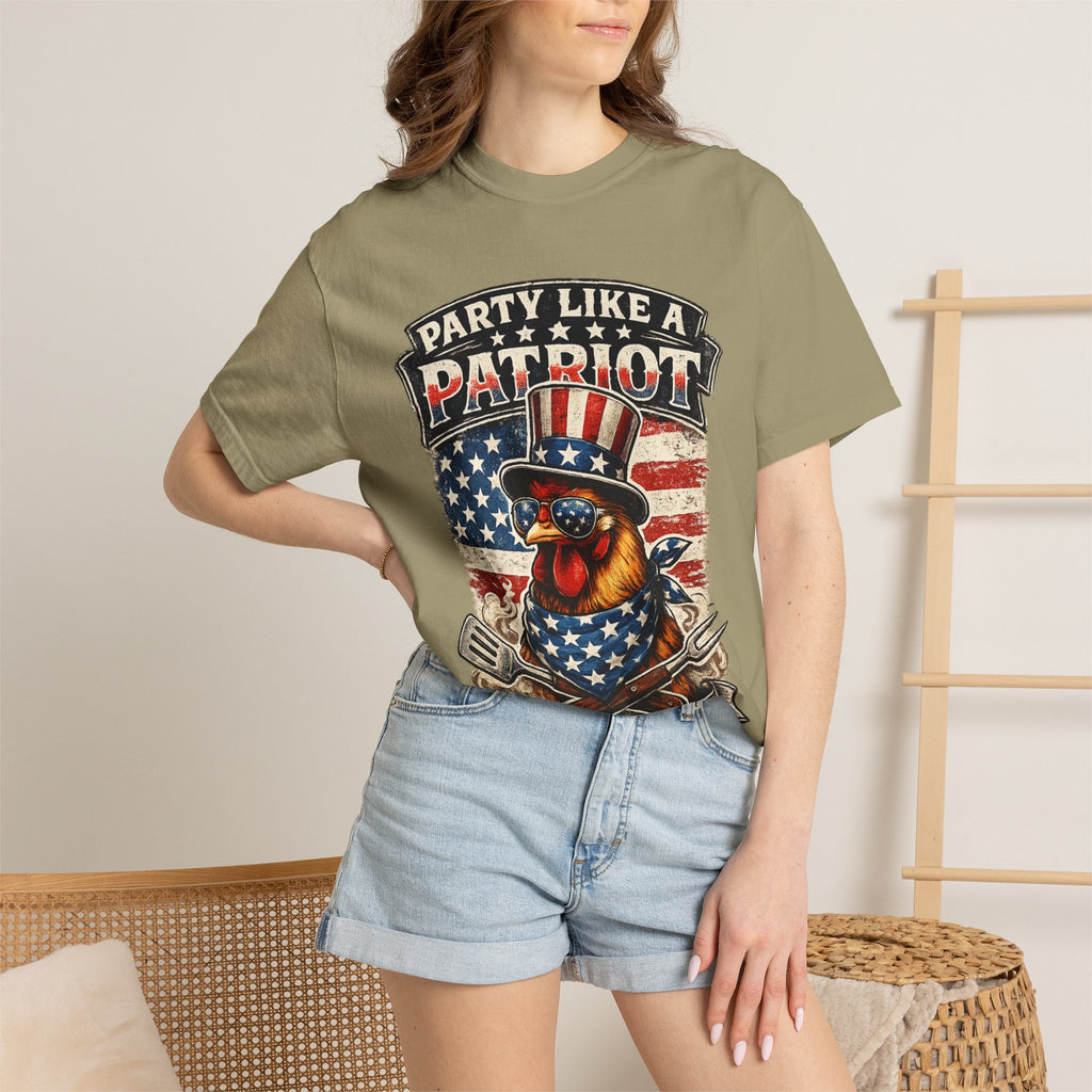 Party Like a Patriot rooster Born to Grill T-Shirt | American BBQ flag