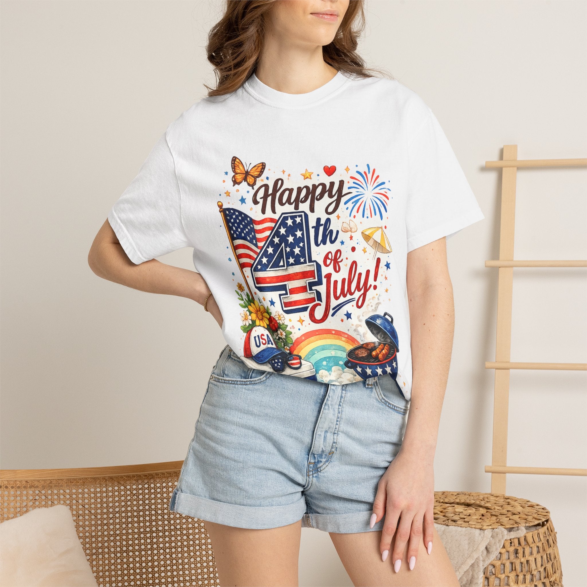 Happy 4th of July BBQ T-Shirt | USA Flag Fireworks Summer