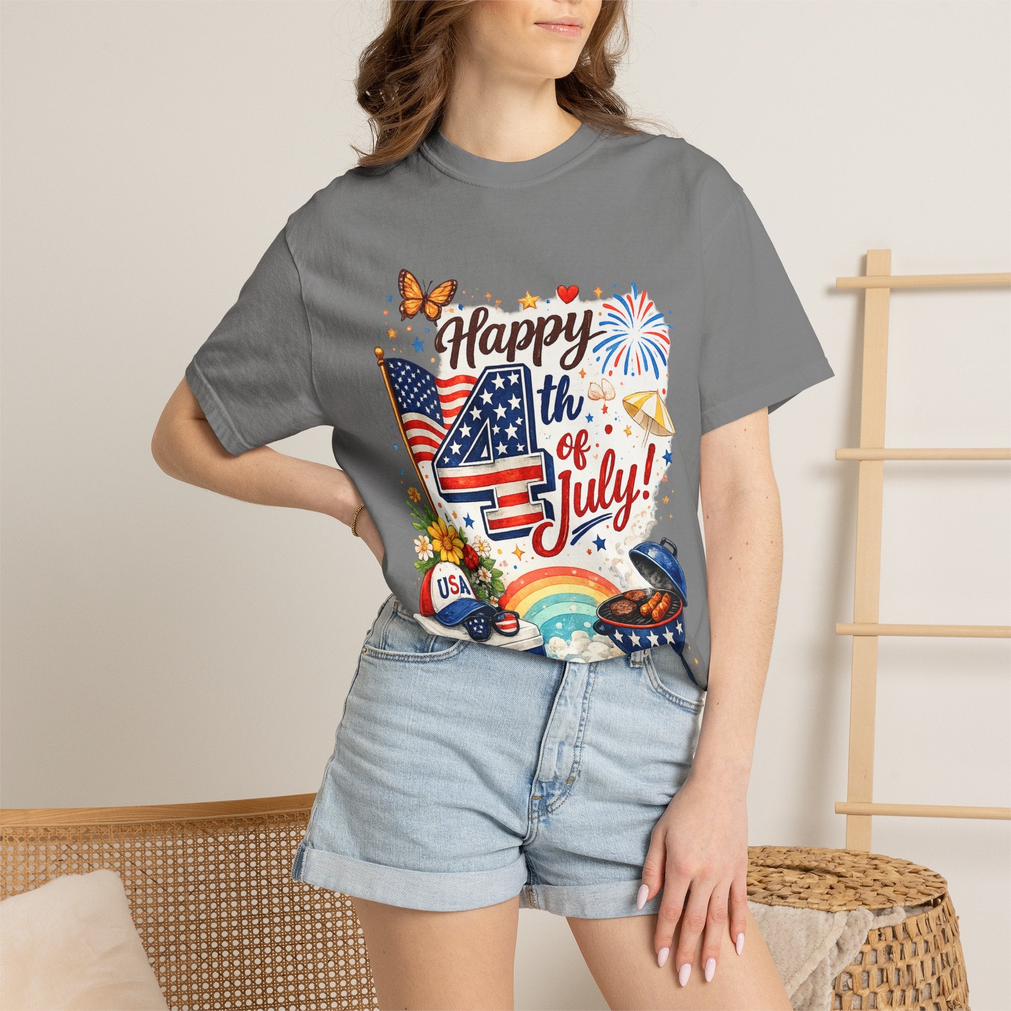 Happy 4th of July BBQ T-Shirt | USA Flag Fireworks Summer