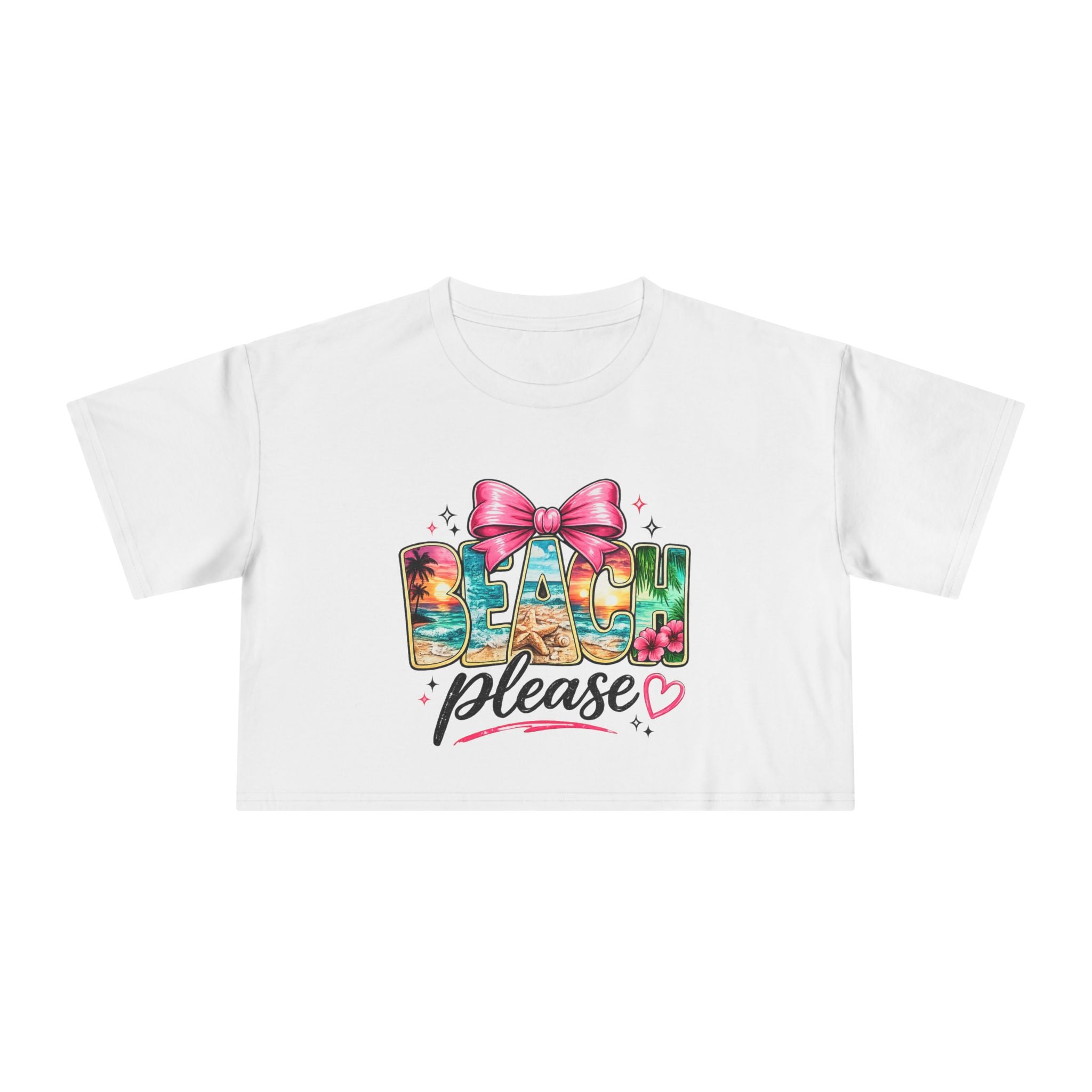 Beach Please graphic Crop Tee | tropical letters, pink bow