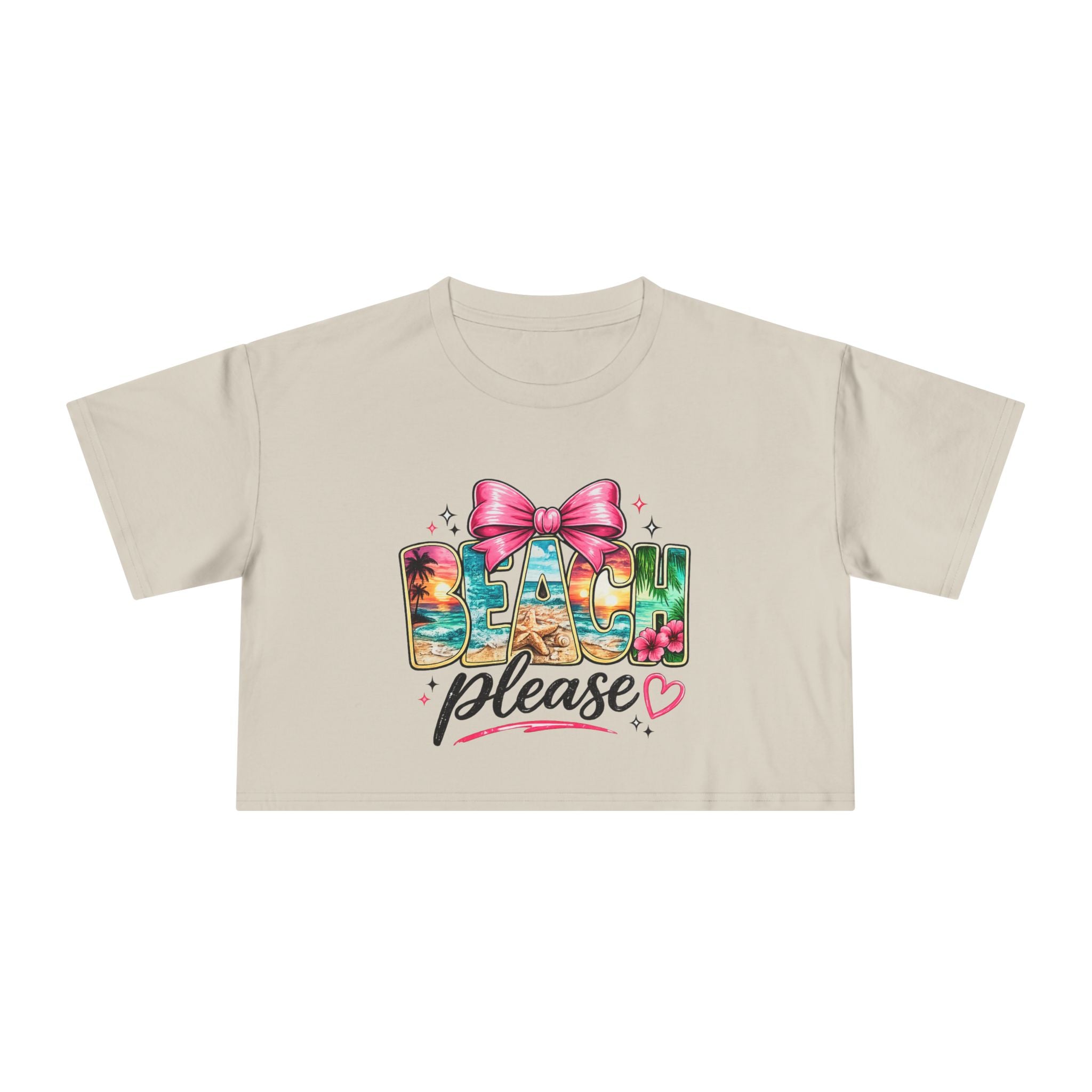 Beach Please graphic Crop Tee | tropical letters, pink bow