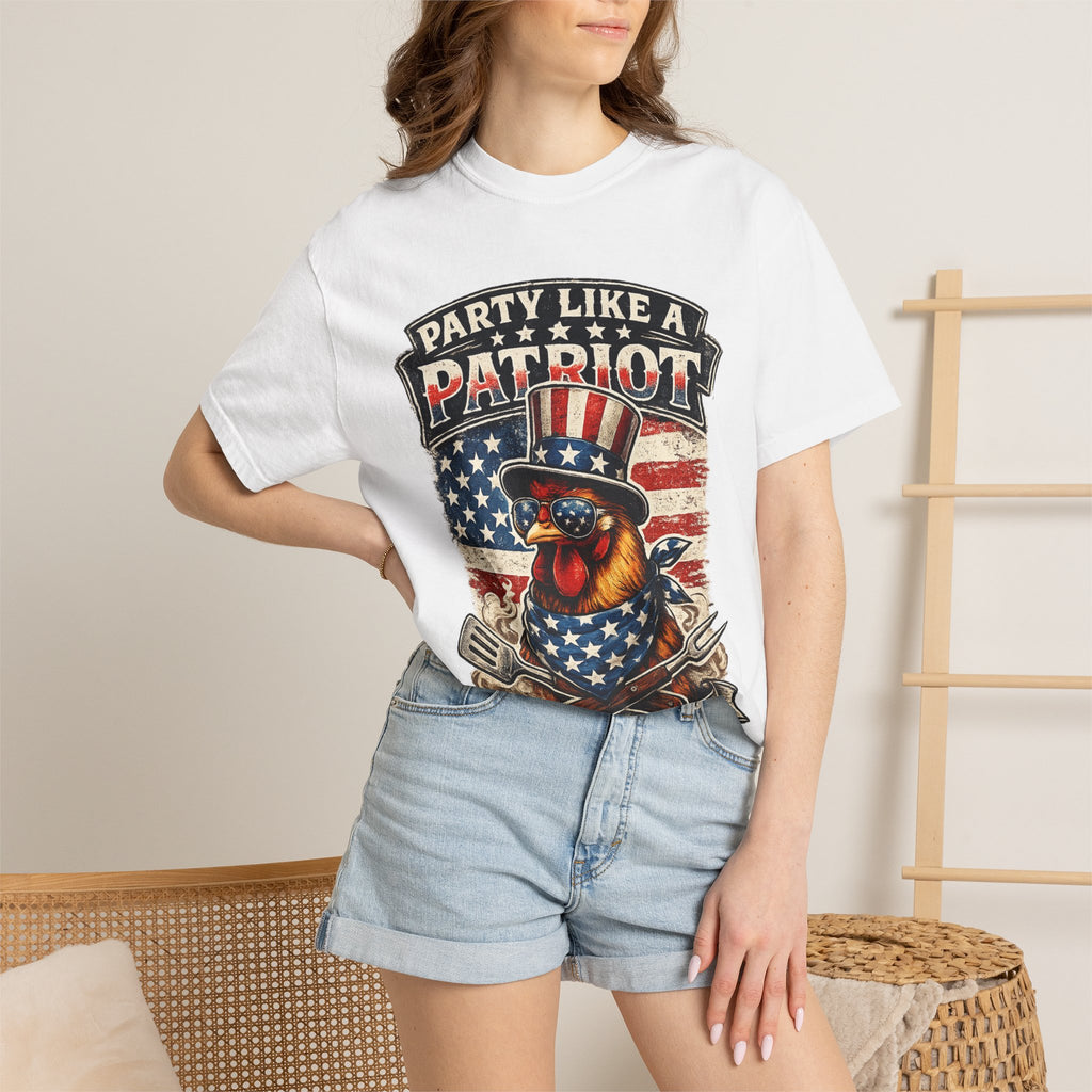 Party Like a Patriot rooster Born to Grill T-Shirt | American BBQ flag