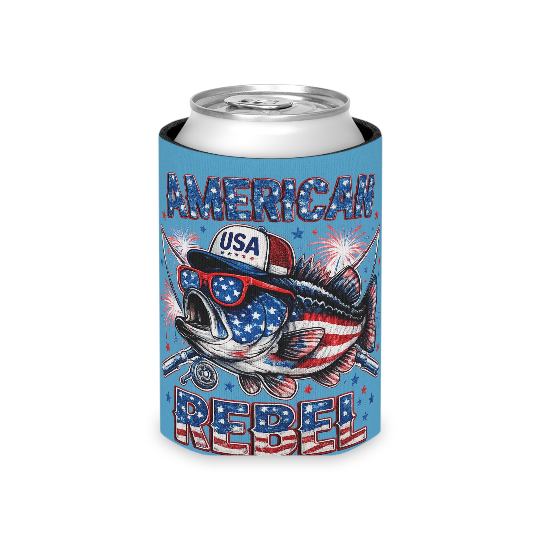 American Rebel Fish Can Cooler | Patriotic USA Fishing Koozie