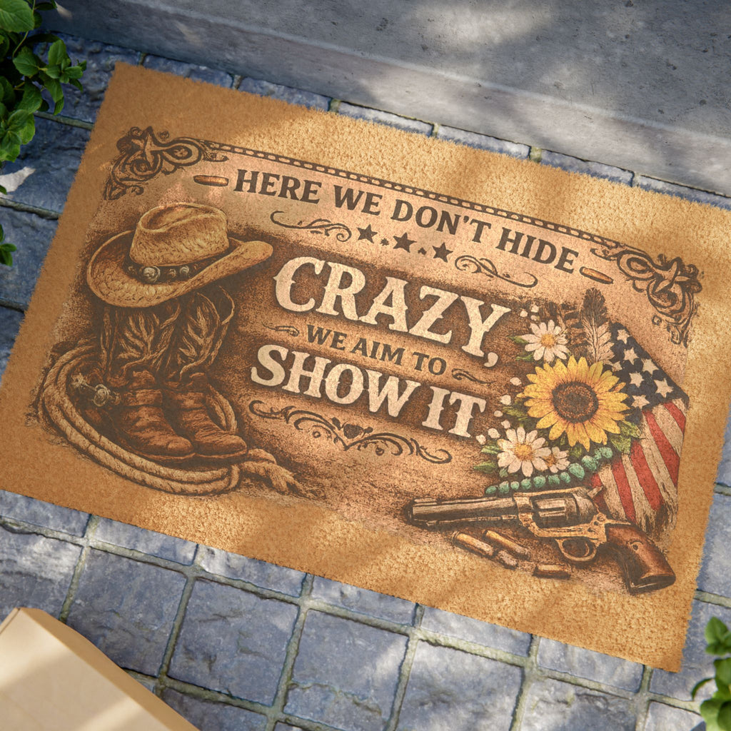 Here We Don't Hide Crazy We Aim To Show It Doormat | Cowboy Boots, Sunflower, American Flag