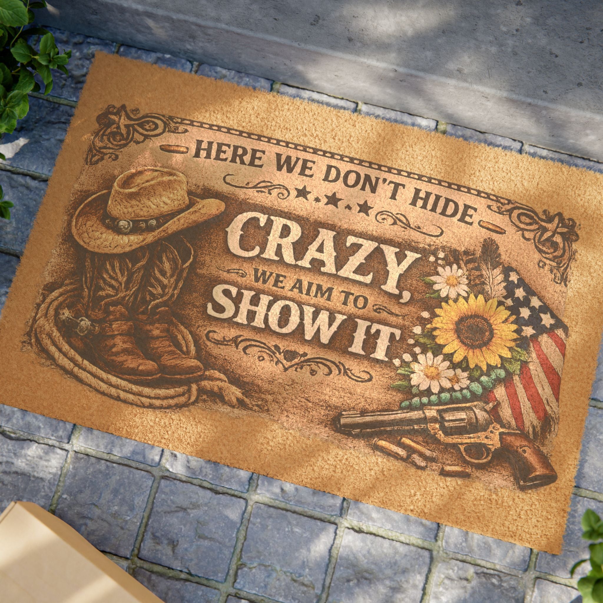 Here We Don't Hide Crazy We Aim To Show It Doormat | Cowboy Boots, Sunflower, American Flag