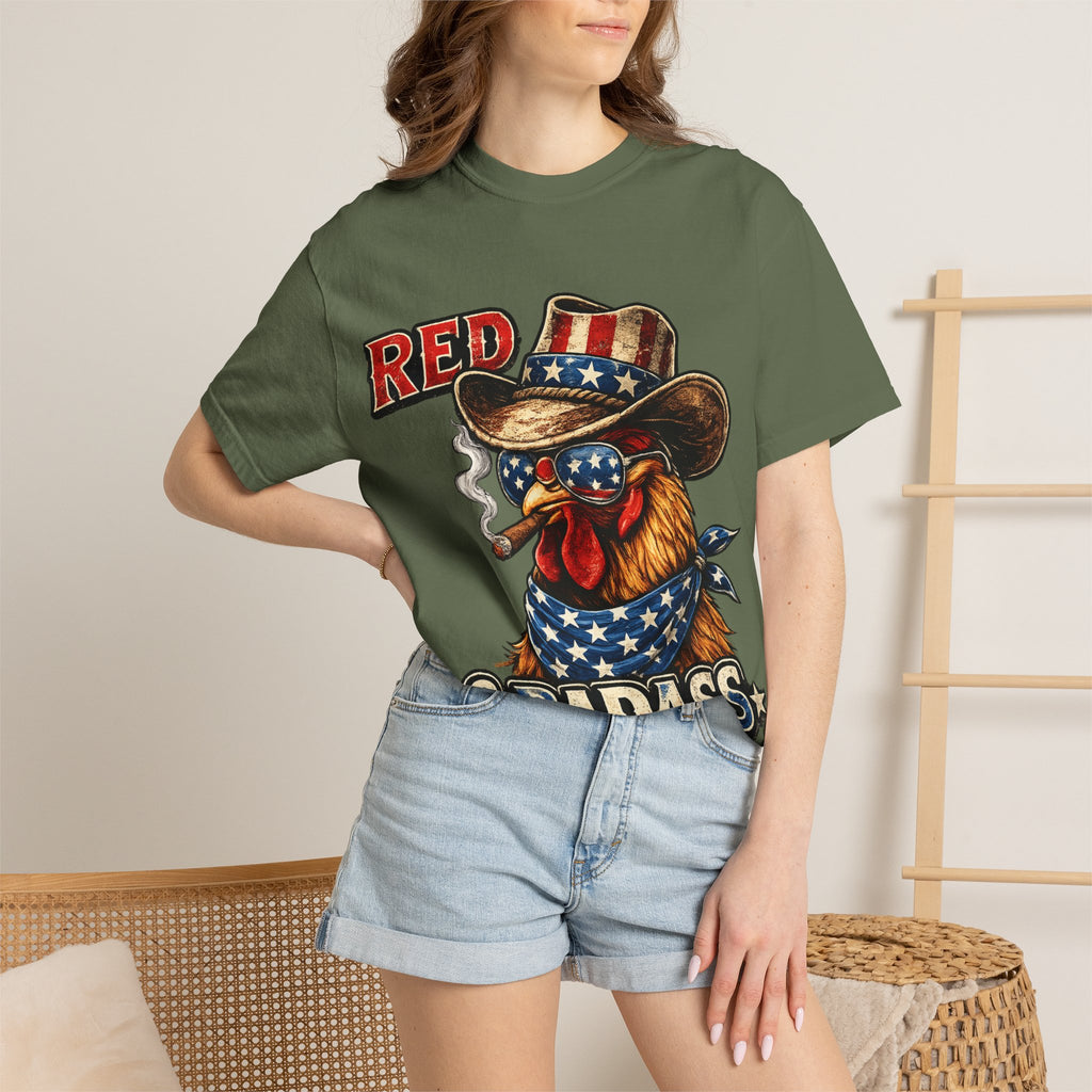 Red & Badass Rooster T-Shirt | Patriotic Cowboy Chicken Graphic