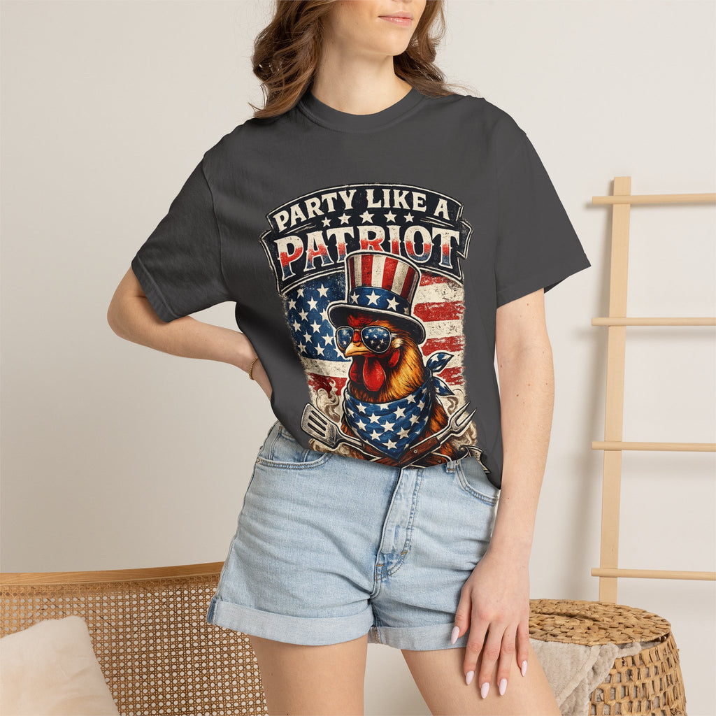 Party Like a Patriot rooster Born to Grill T-Shirt | American BBQ flag