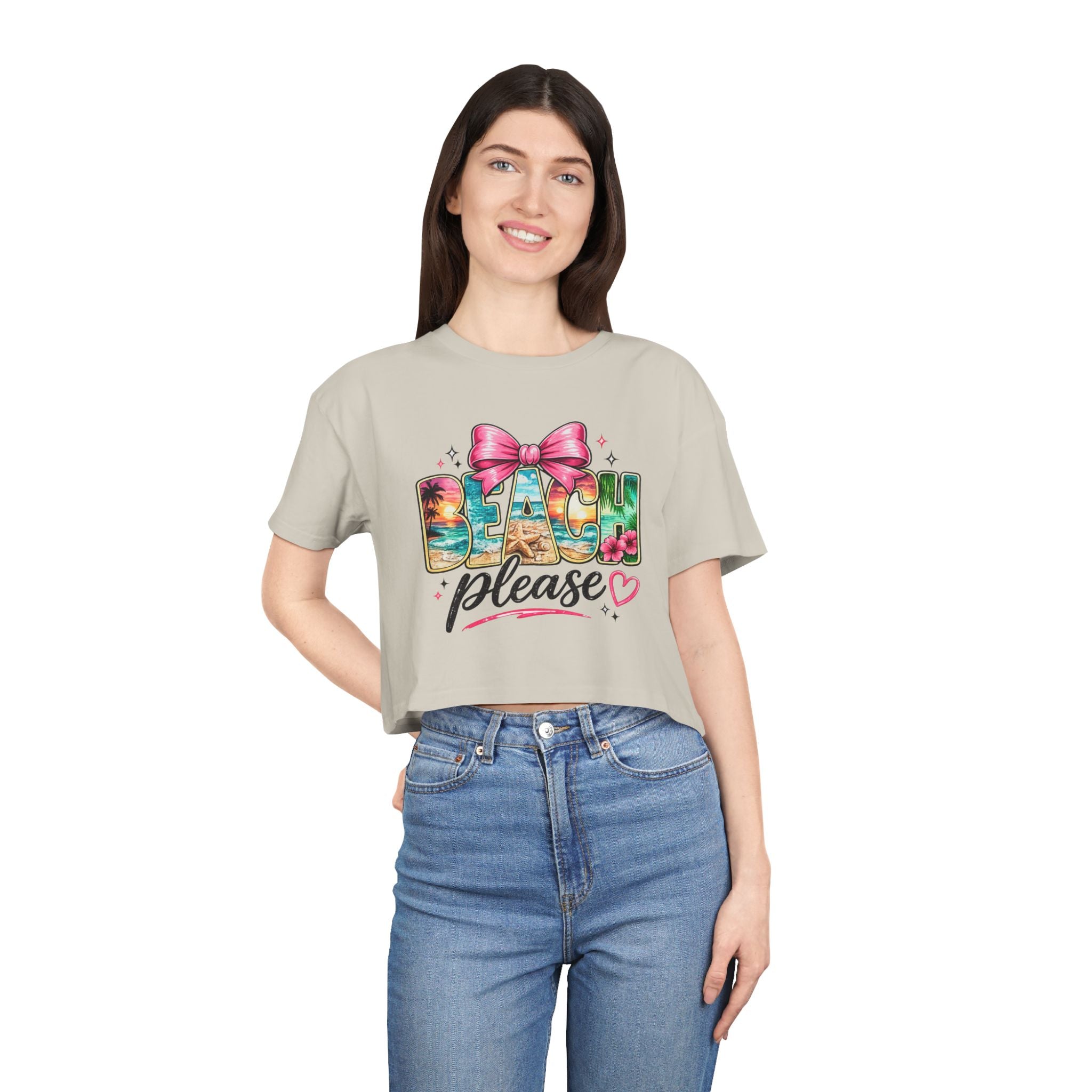 Beach Please graphic Crop Tee | tropical letters, pink bow