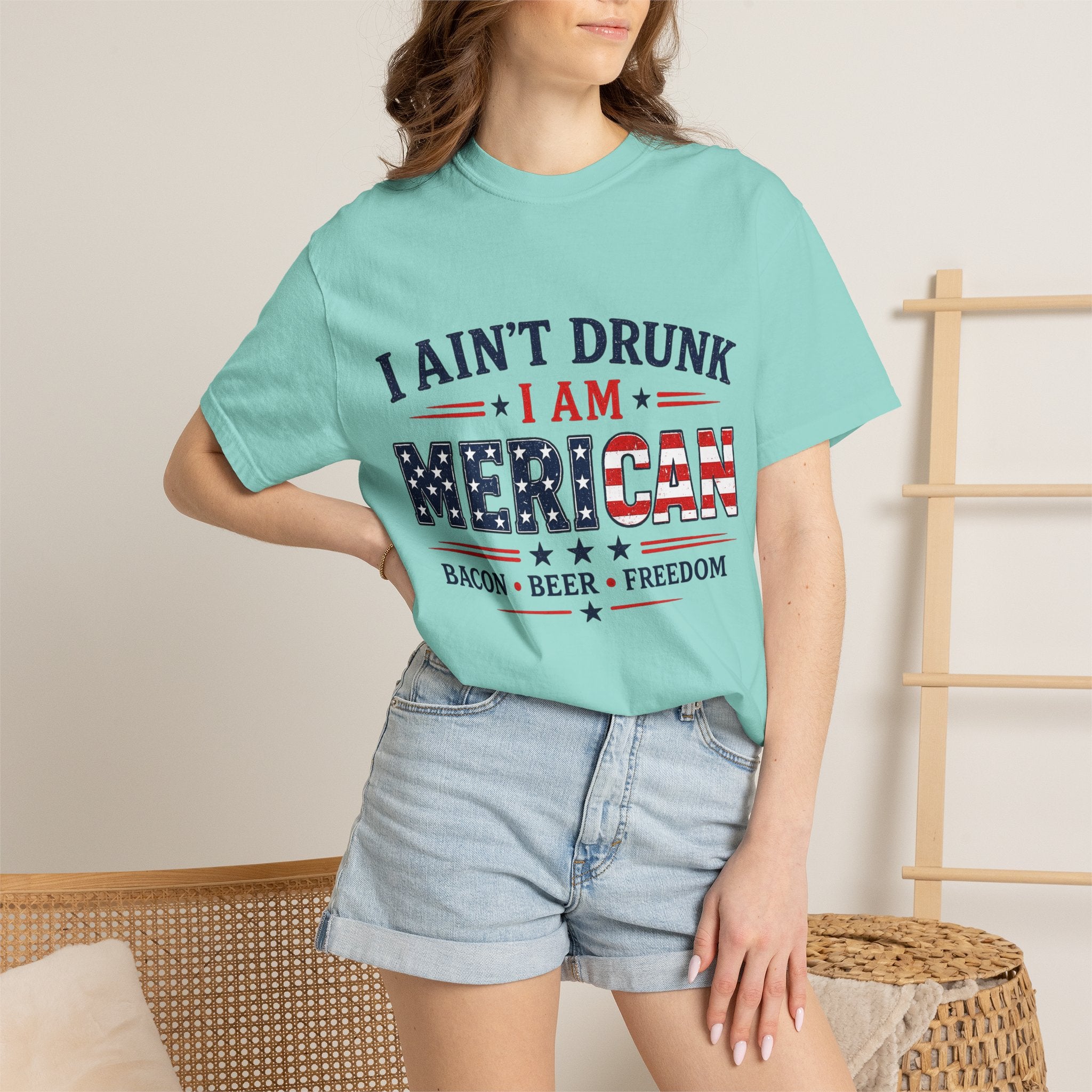 I Ain't Drunk I Am MERICAN T-shirt | American Flag Typography, Bacon Beer Freedom