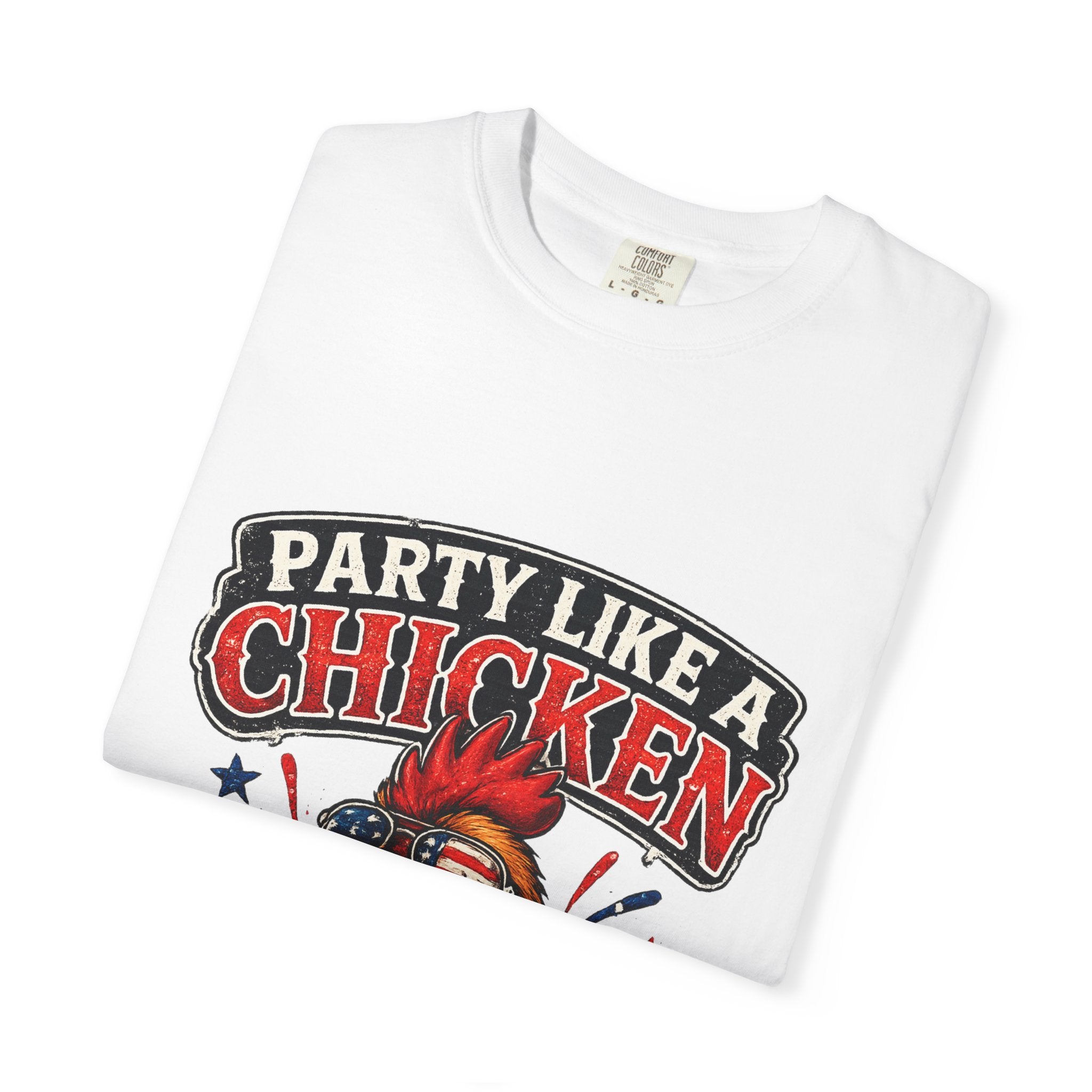 Party Like a Chicken T-shirt | Rooster Drinking Beer, American Flag Bandana, Patriotic Humor