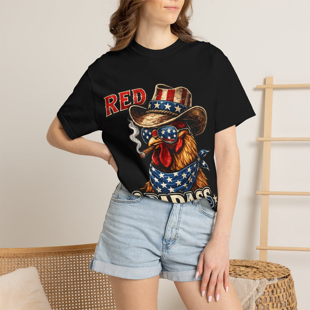 Red & Badass Rooster T-Shirt | Patriotic Cowboy Chicken Graphic