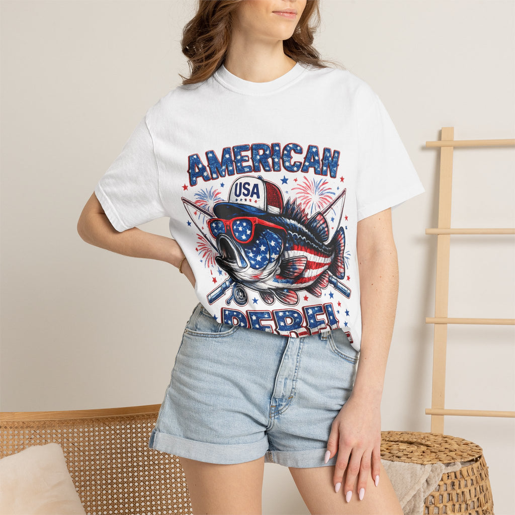 American Rebel Shark Graphic T-Shirt | USA Flag Sunglasses, Fireworks
