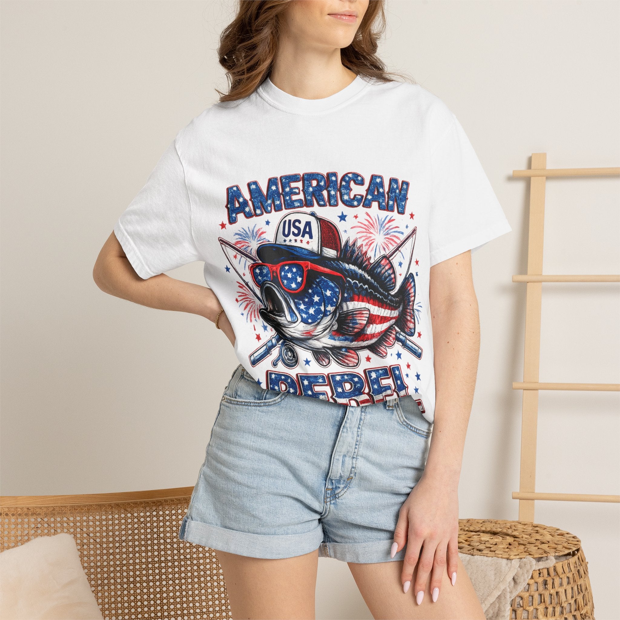 American Rebel Shark Graphic T-Shirt | USA Flag Sunglasses, Fireworks