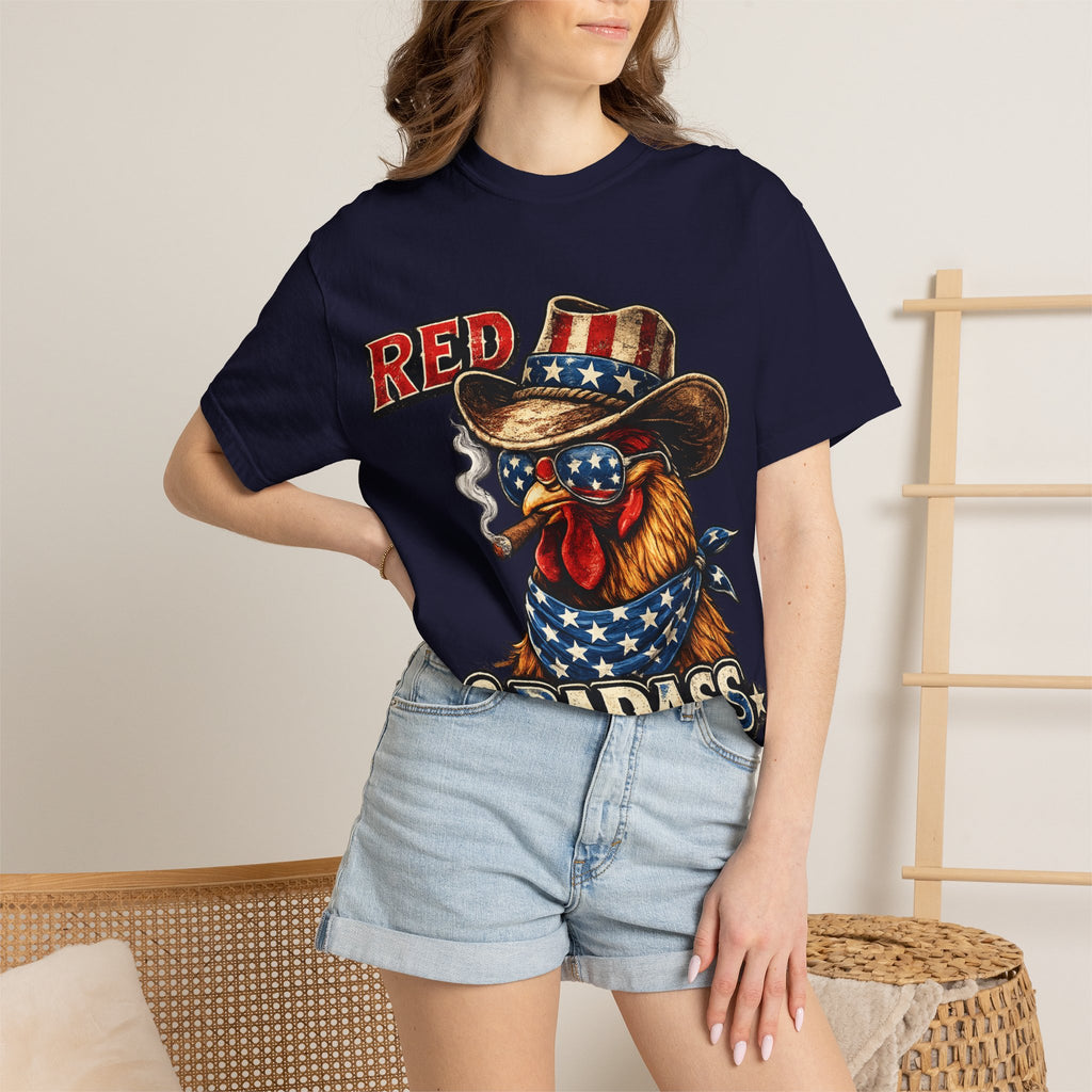 Red & Badass Rooster T-Shirt | Patriotic Cowboy Chicken Graphic