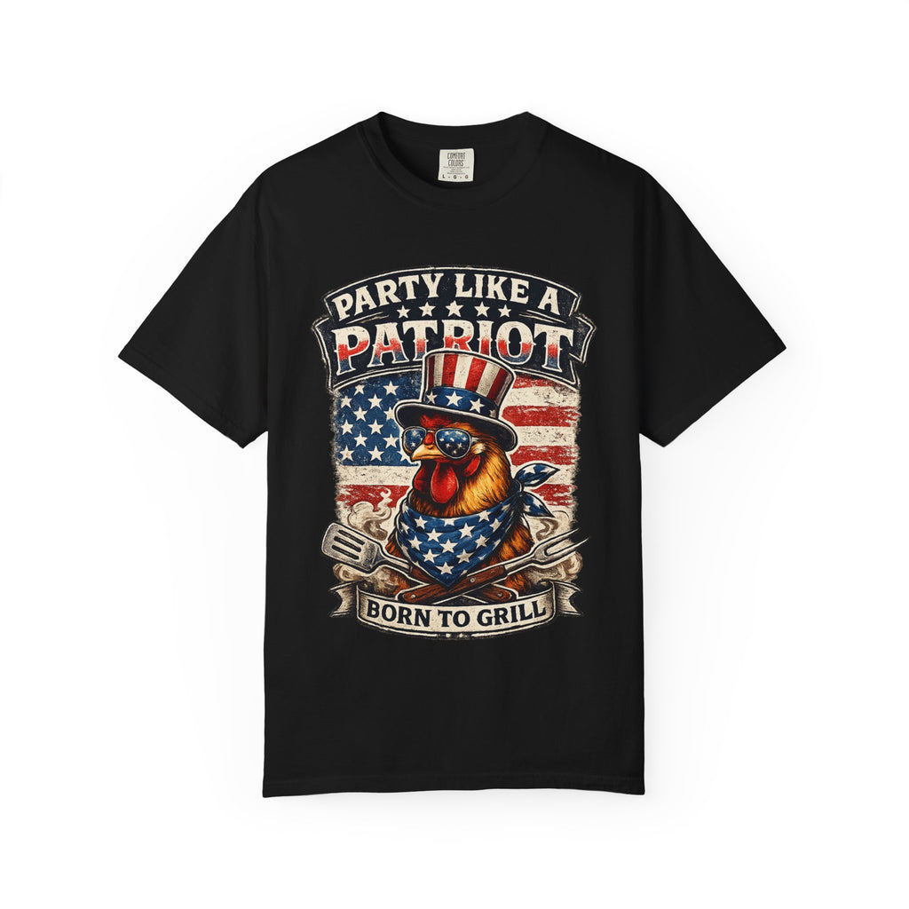 Party Like a Patriot rooster Born to Grill T-Shirt | American BBQ flag