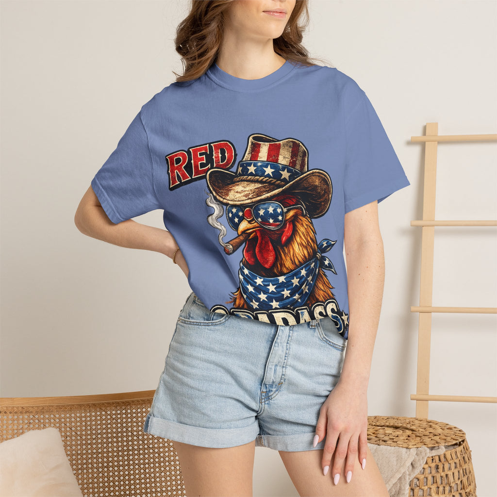 Red & Badass Rooster T-Shirt | Patriotic Cowboy Chicken Graphic