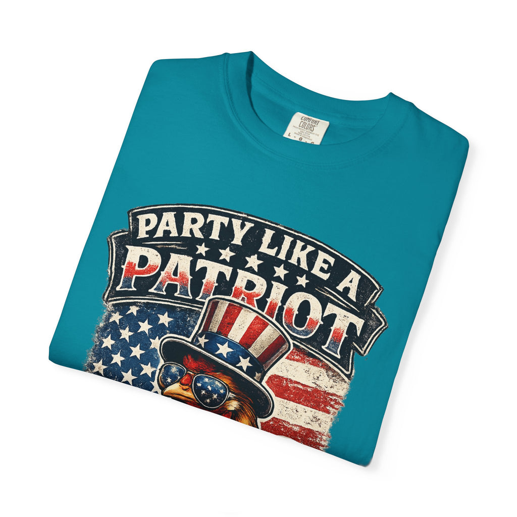 Party Like a Patriot rooster Born to Grill T-Shirt | American BBQ flag