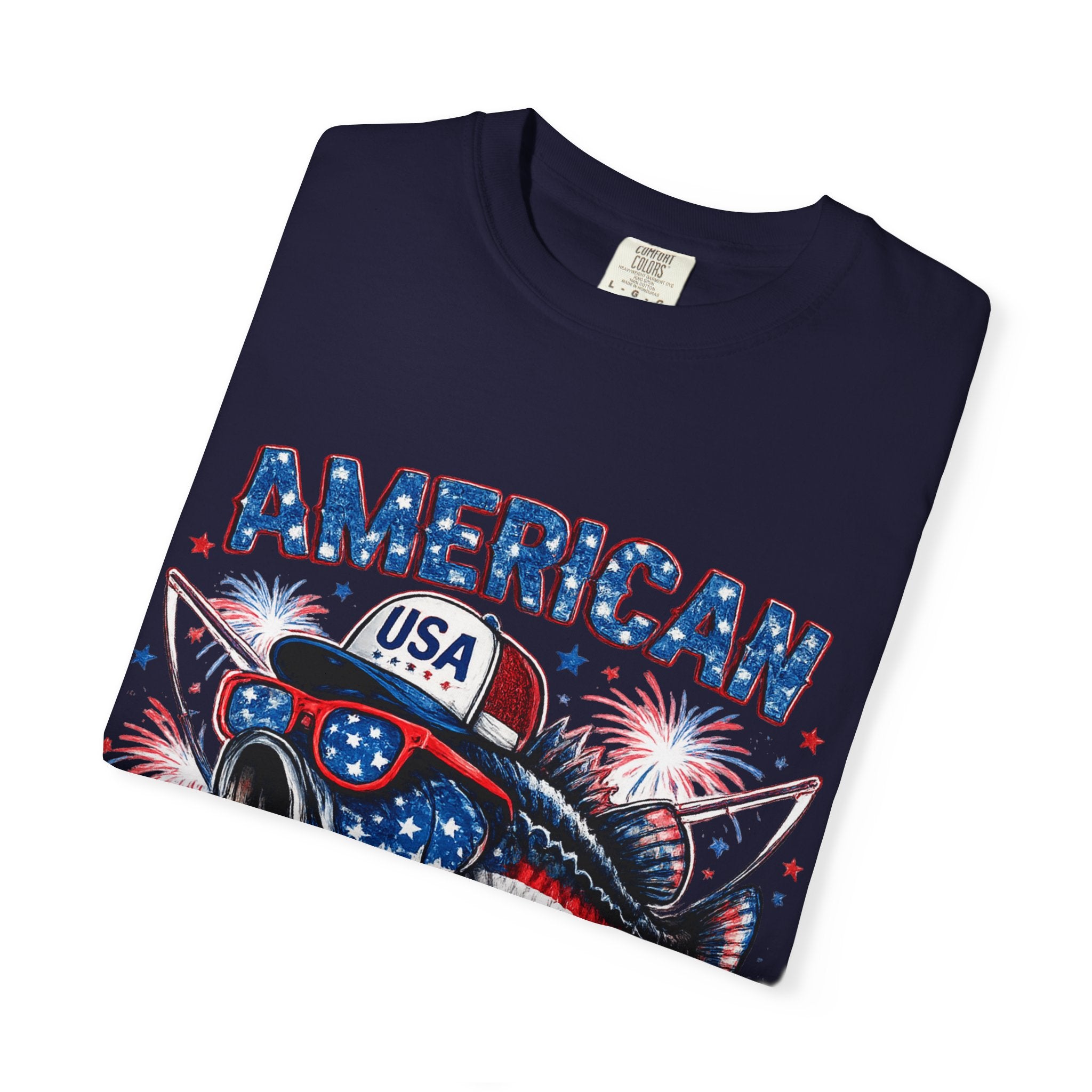 American Rebel Shark Graphic T-Shirt | USA Flag Sunglasses, Fireworks