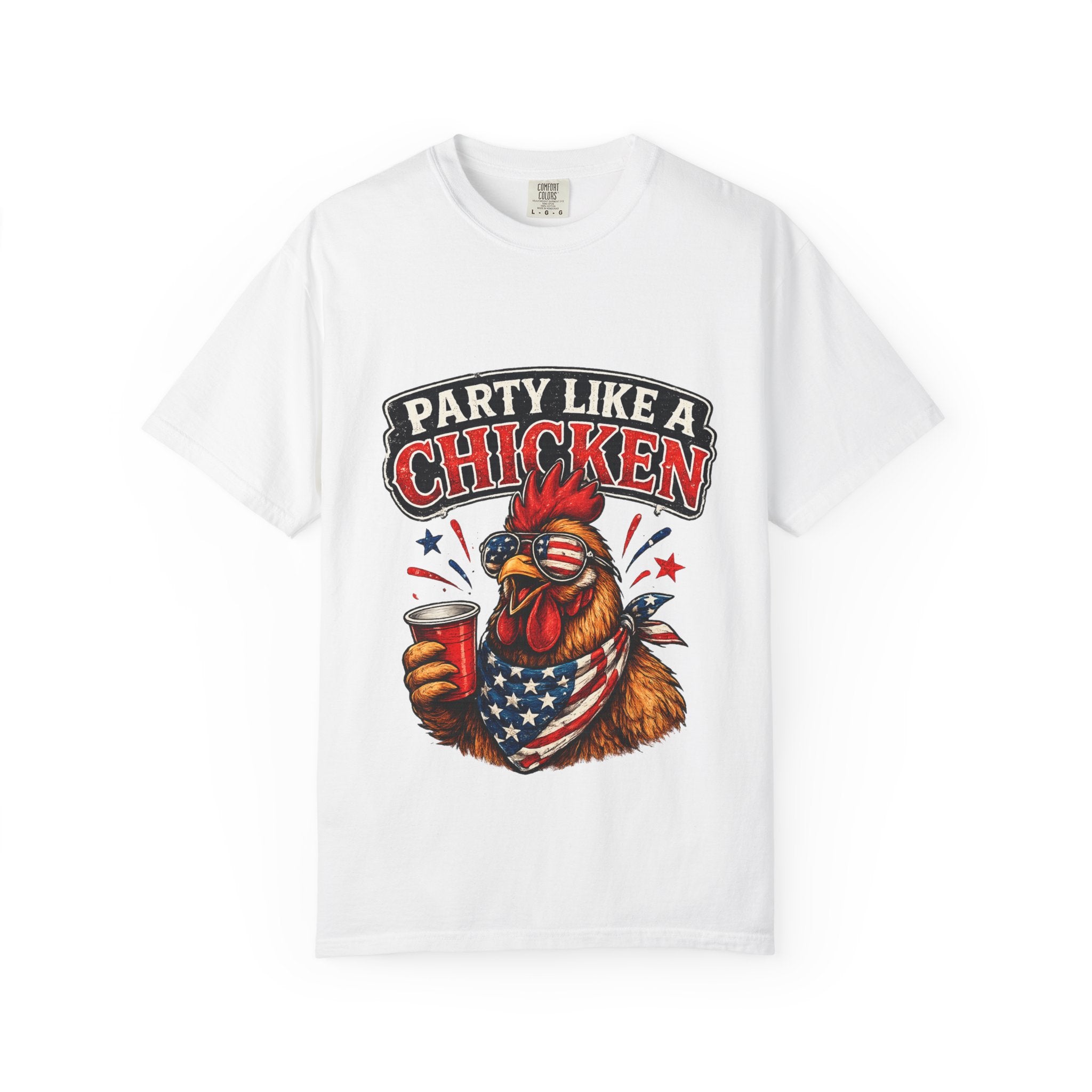 Party Like a Chicken T-shirt | Rooster Drinking Beer, American Flag Bandana, Patriotic Humor