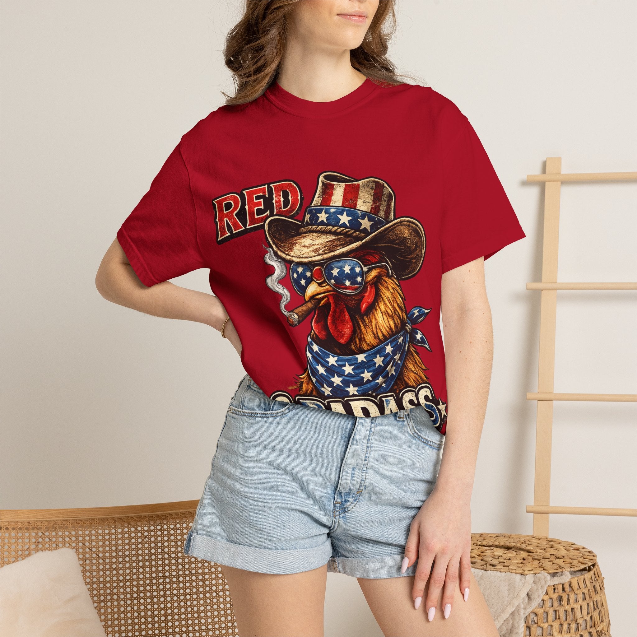 Red & Badass Rooster T-Shirt | Patriotic Cowboy Chicken Graphic