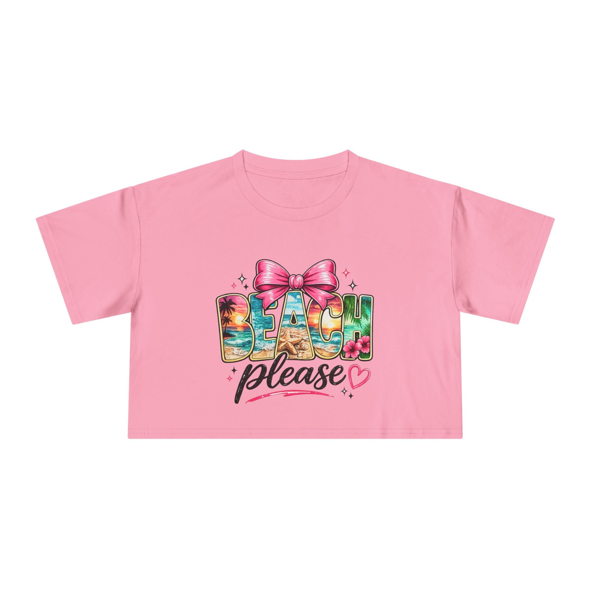 Beach Please graphic Crop Tee | tropical letters, pink bow