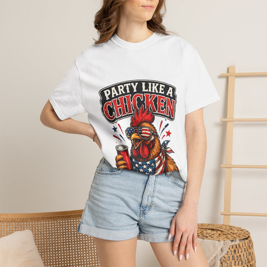 Party Like a Chicken T-shirt | Rooster Drinking Beer, American Flag Bandana, Patriotic Humor