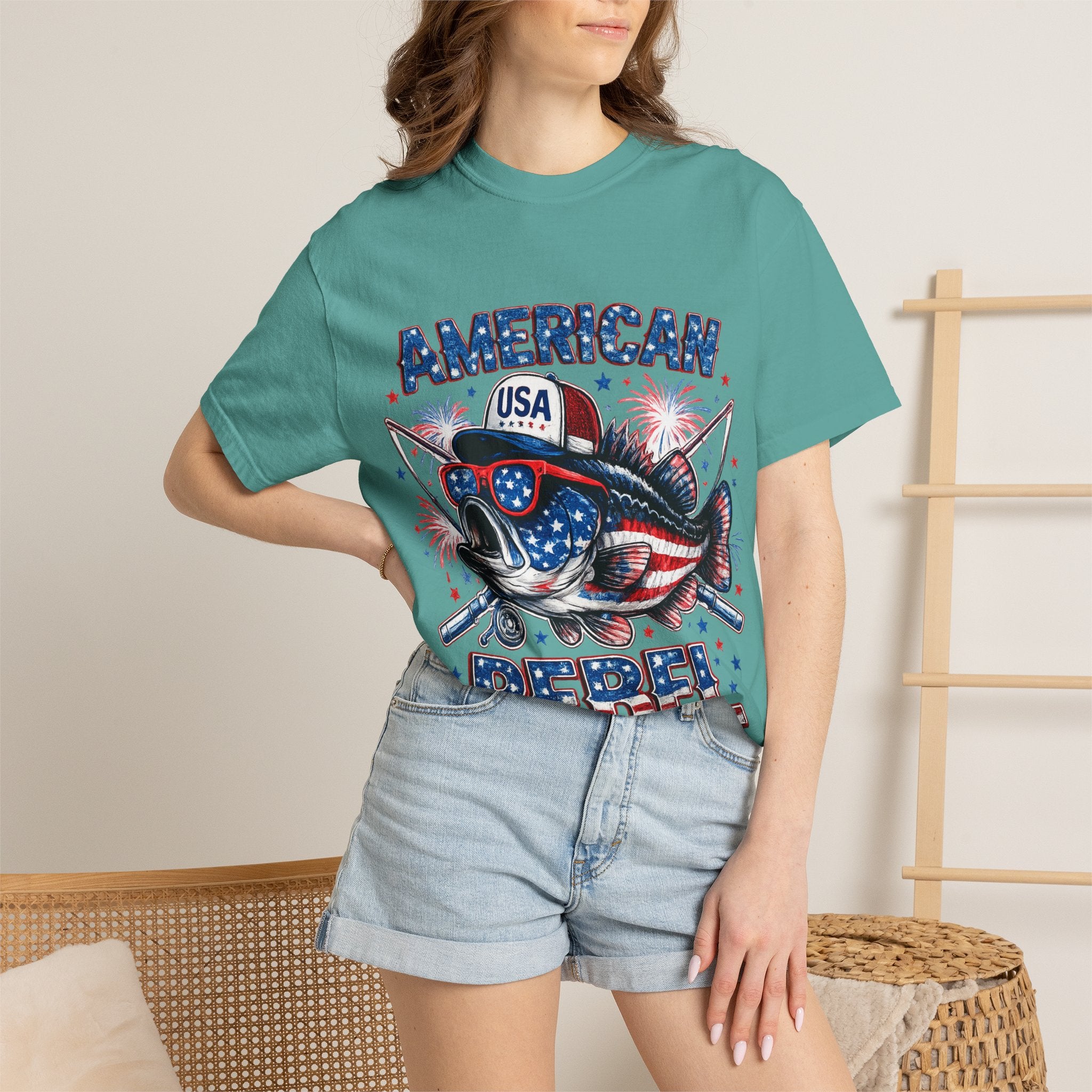 American Rebel Shark Graphic T-Shirt | USA Flag Sunglasses, Fireworks