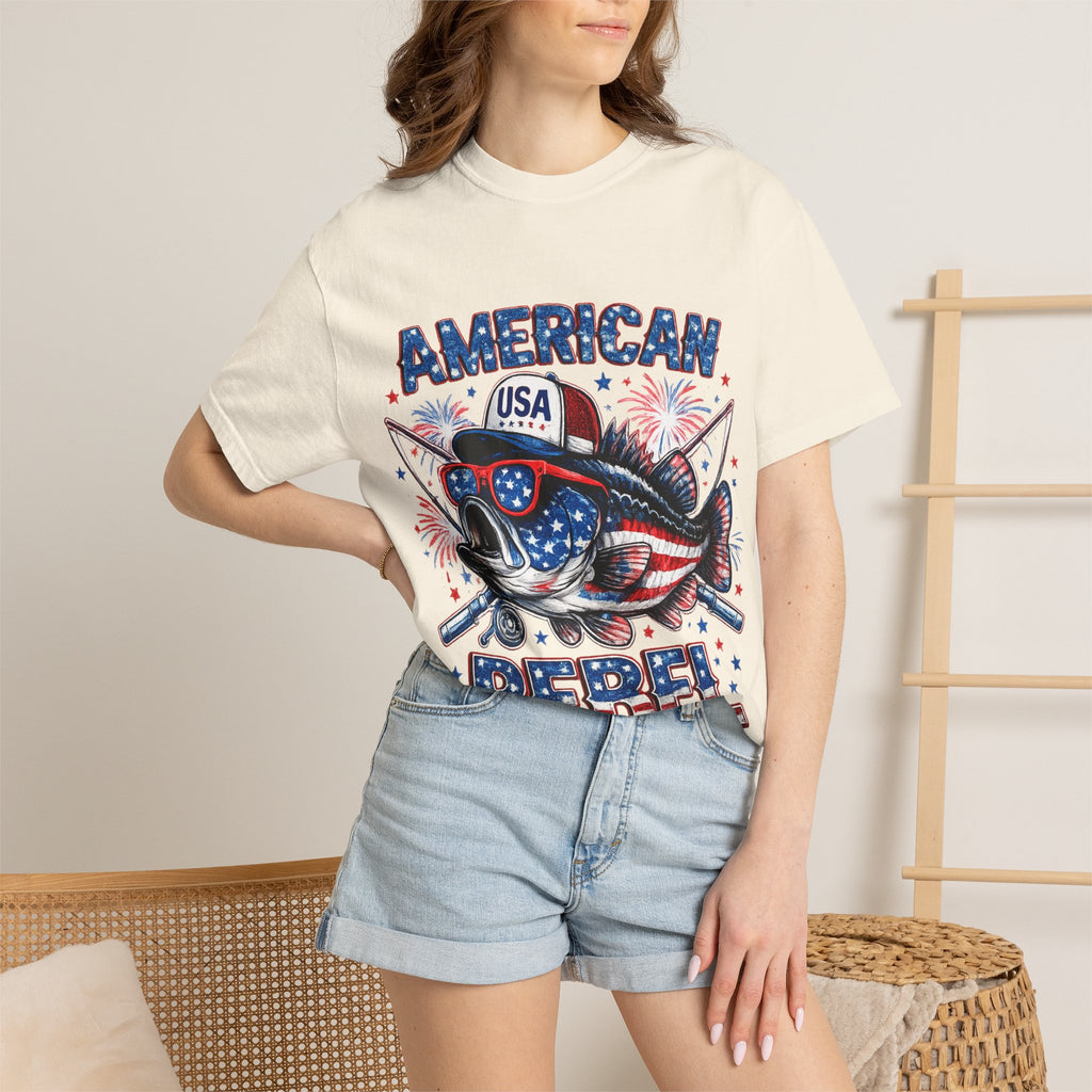 American Rebel Shark Graphic T-Shirt | USA Flag Sunglasses, Fireworks