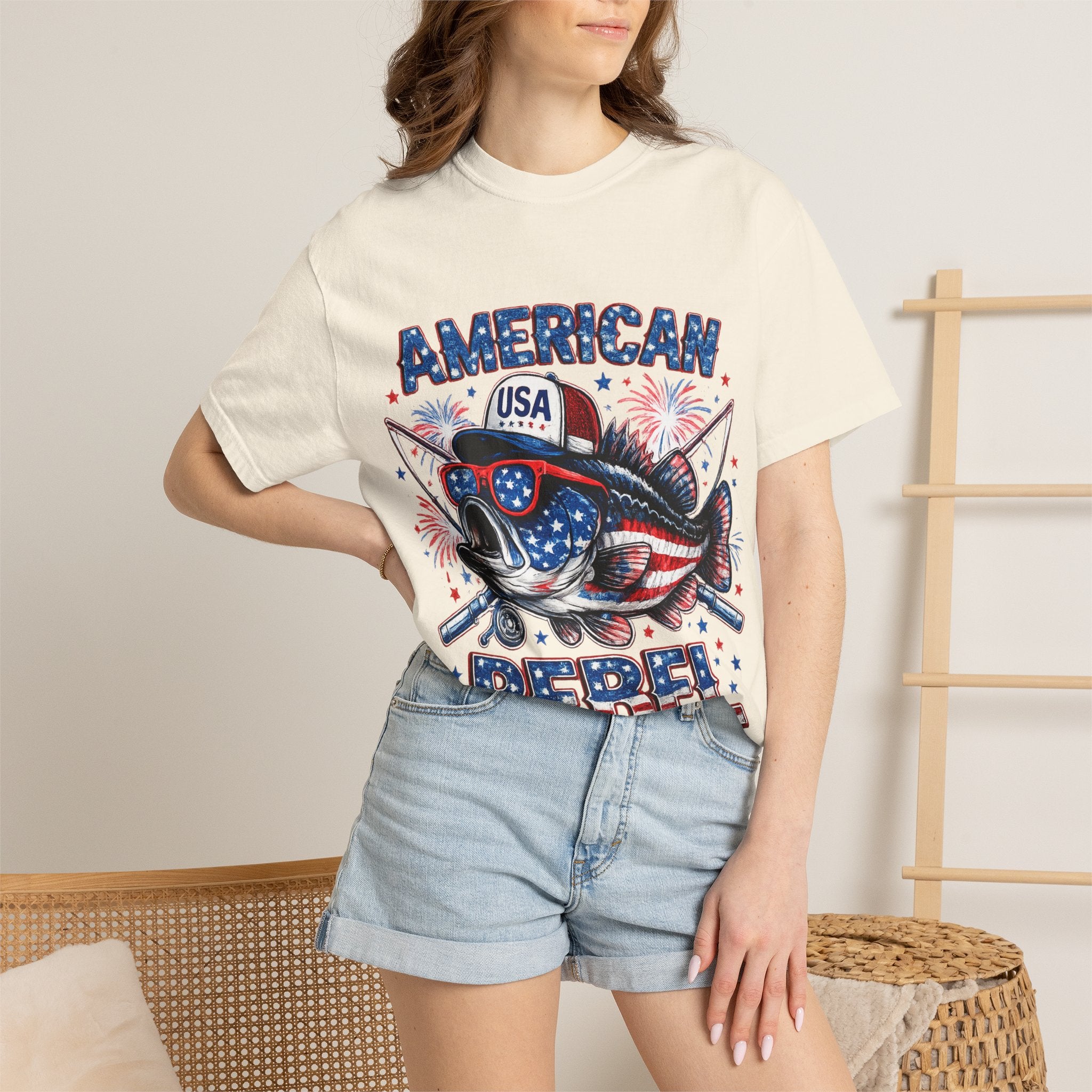 American Rebel Shark Graphic T-Shirt | USA Flag Sunglasses, Fireworks