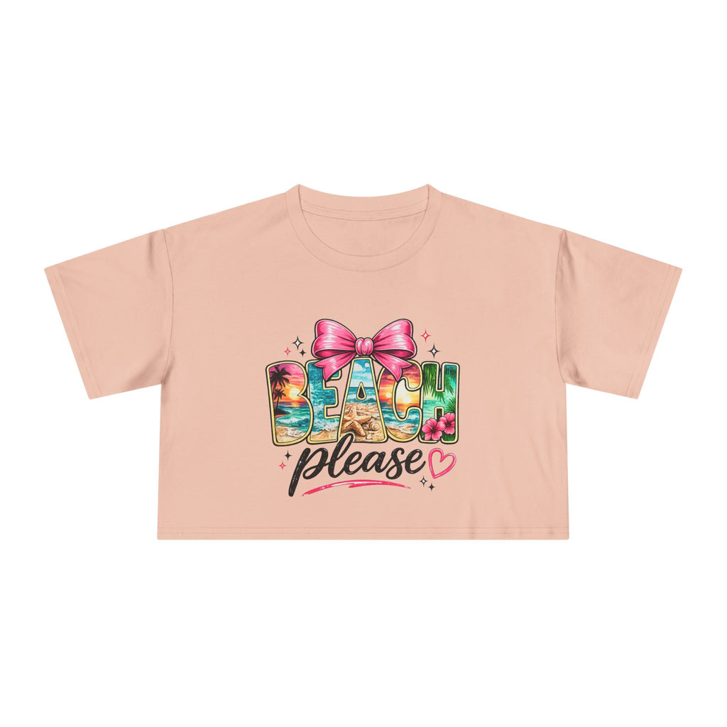 Beach Please graphic Crop Tee | tropical letters, pink bow