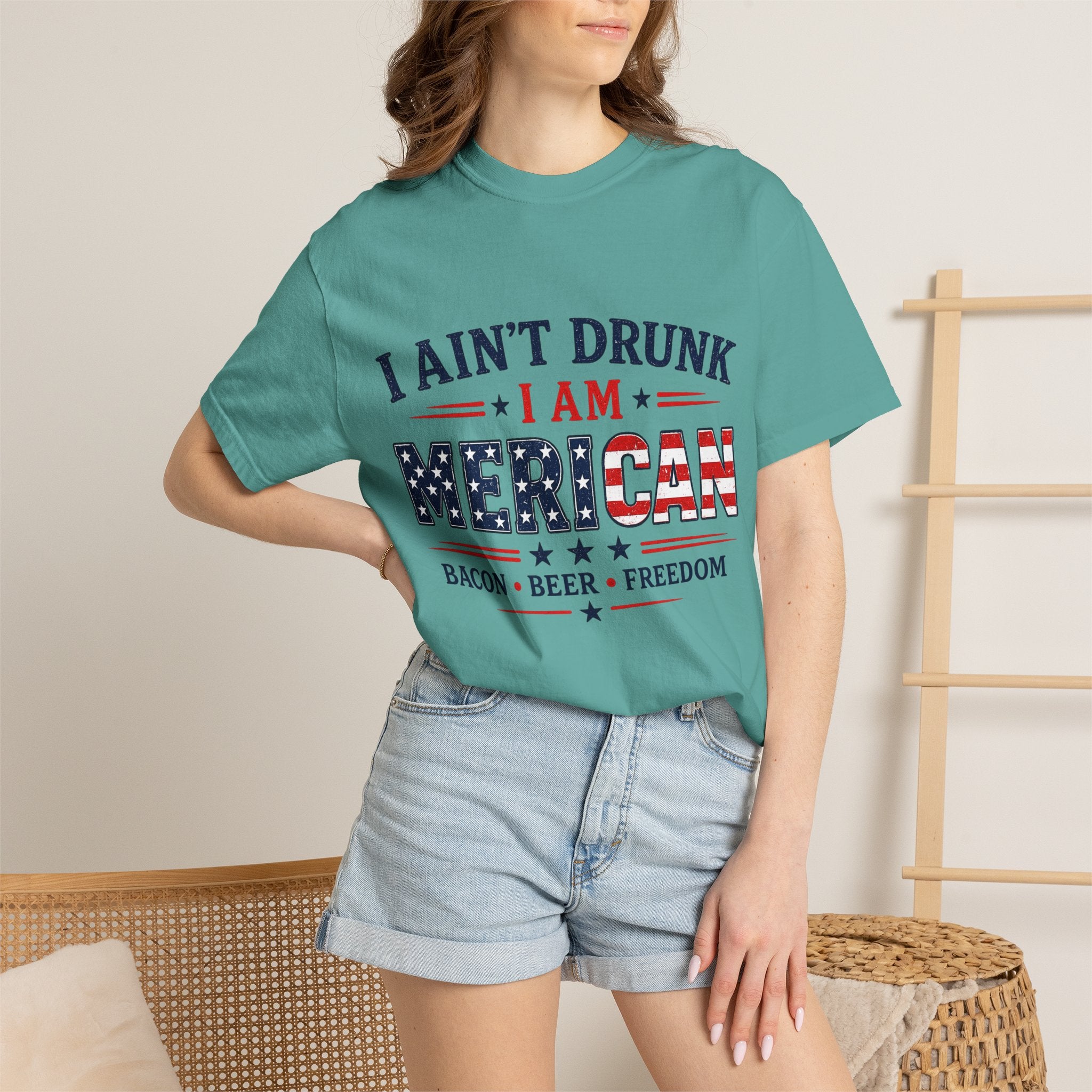 I Ain't Drunk I Am MERICAN T-shirt | American Flag Typography, Bacon Beer Freedom