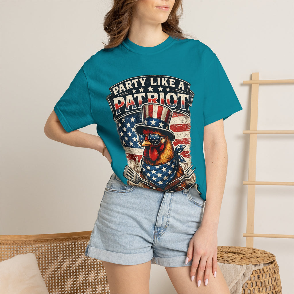 Party Like a Patriot rooster Born to Grill T-Shirt | American BBQ flag
