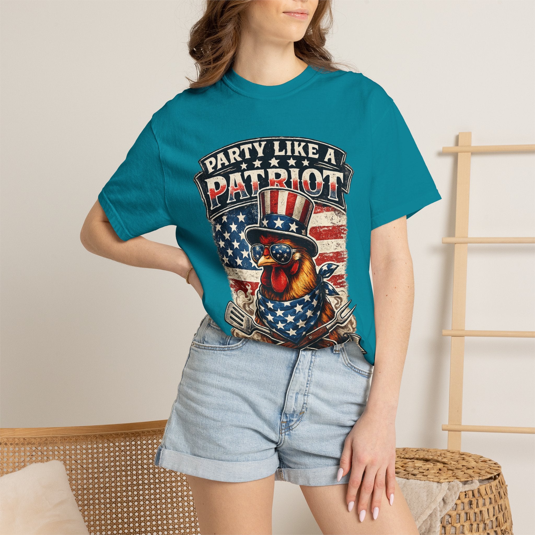 Party Like a Patriot rooster Born to Grill T-Shirt | American BBQ flag