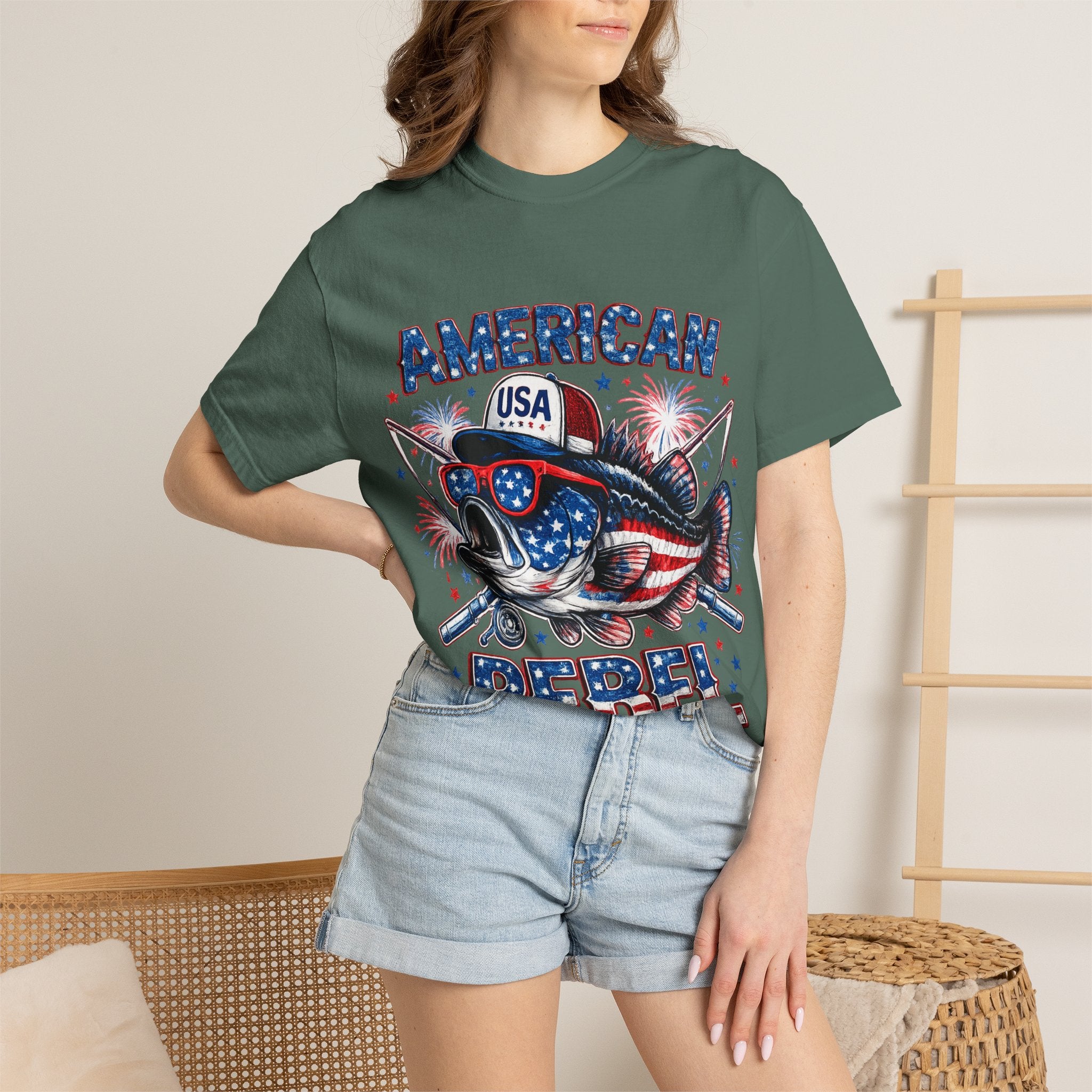 American Rebel Shark Graphic T-Shirt | USA Flag Sunglasses, Fireworks