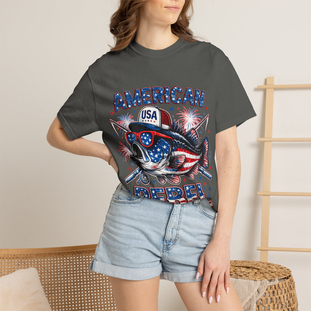 American Rebel Shark Graphic T-Shirt | USA Flag Sunglasses, Fireworks