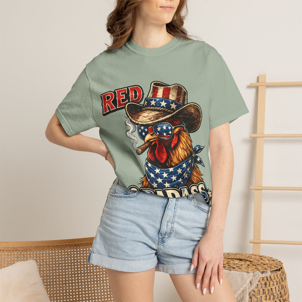 Red & Badass Rooster T-Shirt | Patriotic Cowboy Chicken Graphic