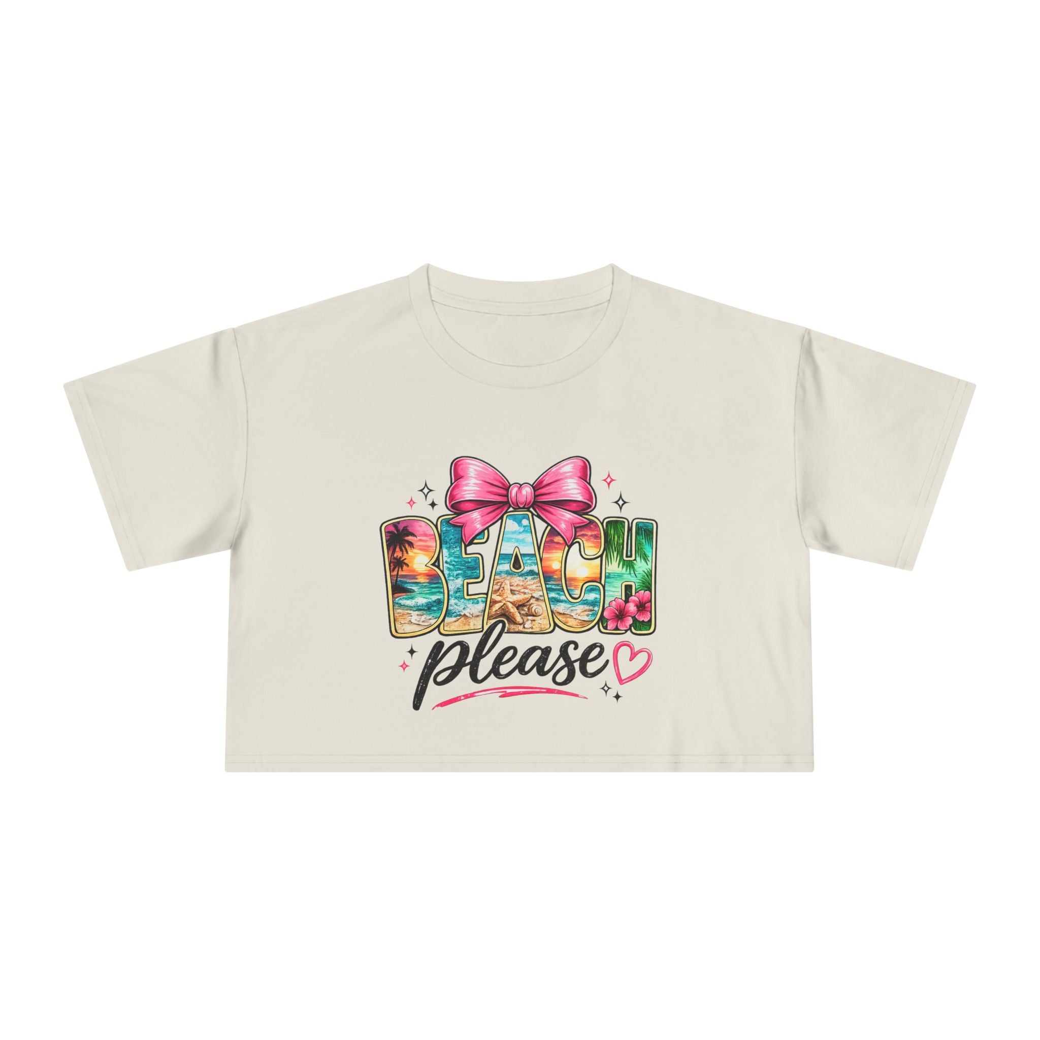 Beach Please graphic Crop Tee | tropical letters, pink bow
