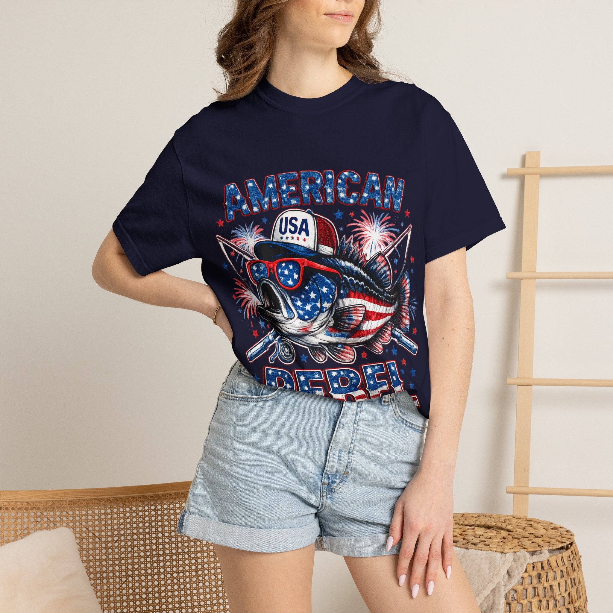 American Rebel Shark Graphic T-Shirt | USA Flag Sunglasses, Fireworks