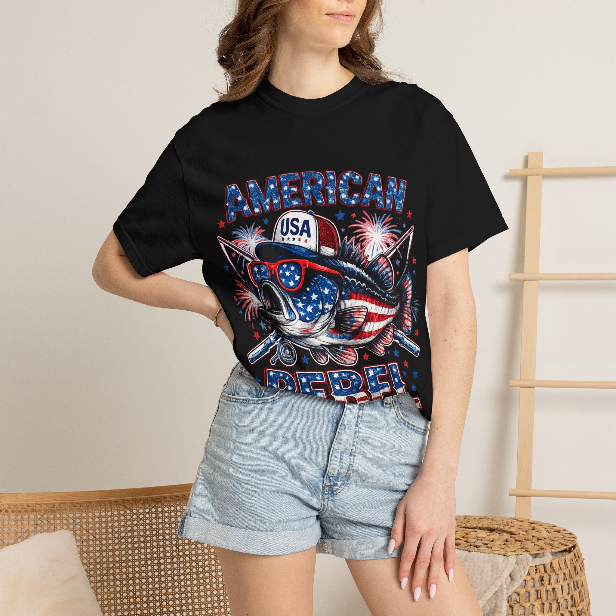 American Rebel Shark Graphic T-Shirt | USA Flag Sunglasses, Fireworks